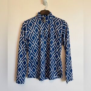 SanSoleil Top Womens Small Blue White UV 50 +  Geometric  1/4 Zip Casual